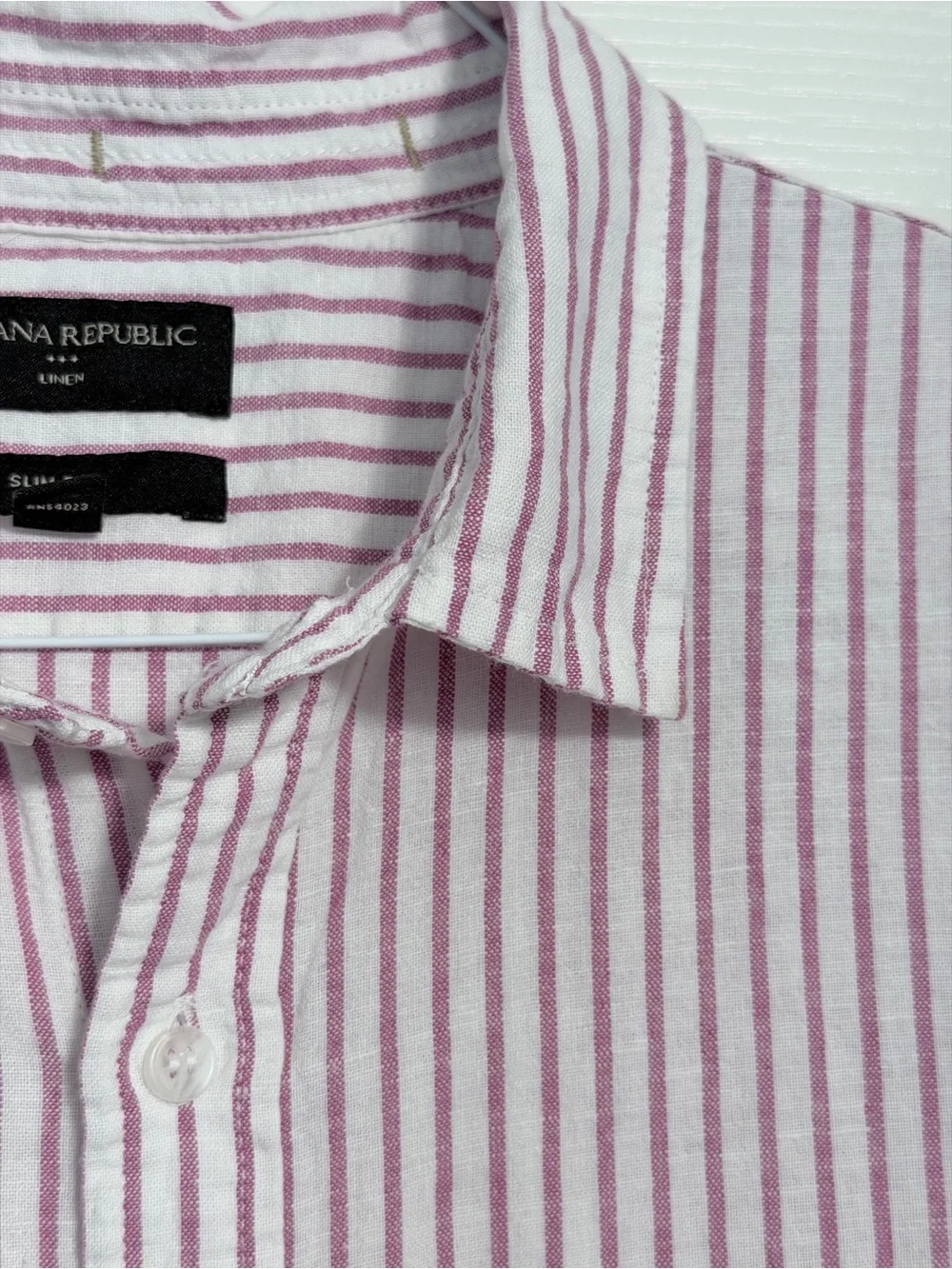 Banana Republic Mens Linen Cotton Button Up -Pink Stripes Large Excellent Beach